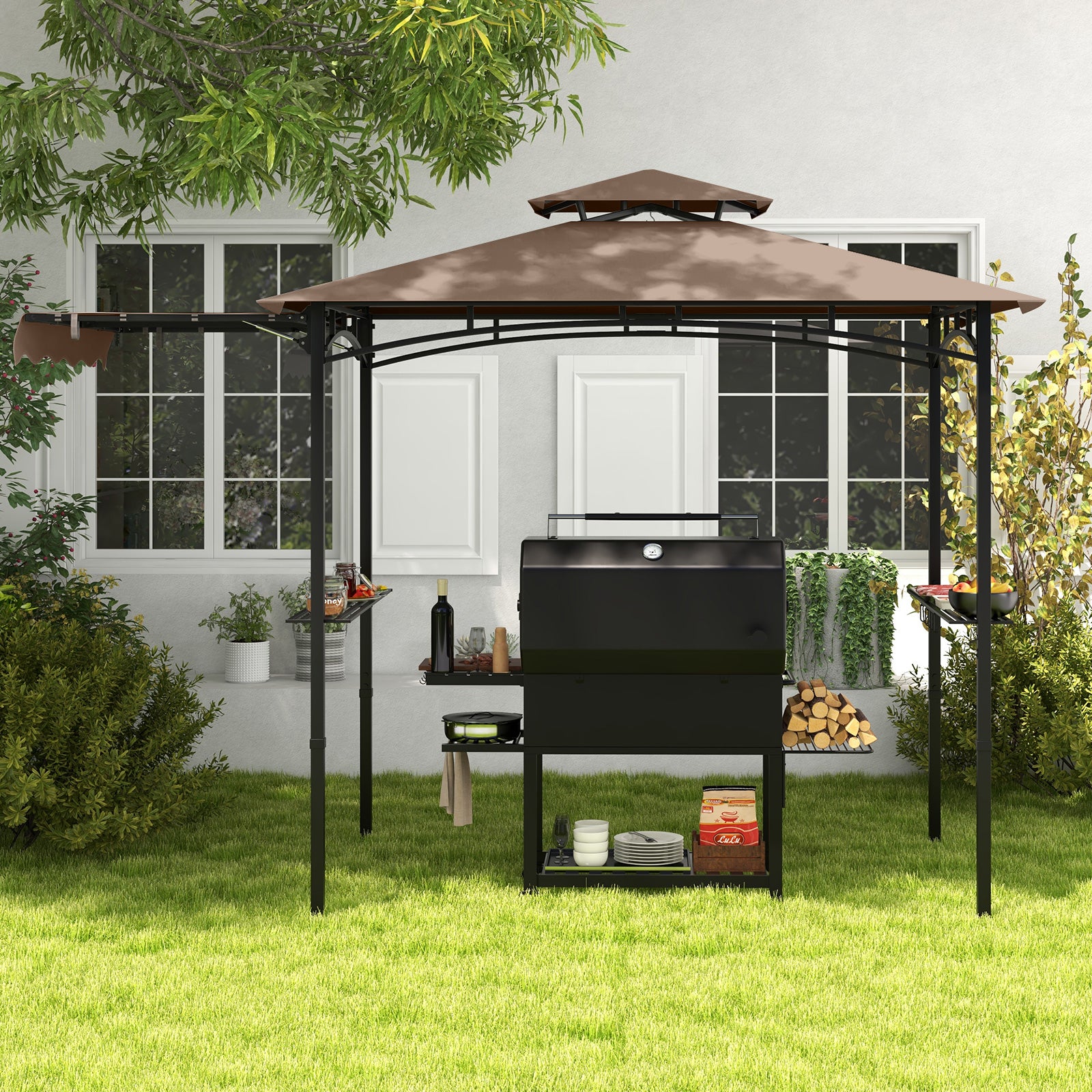Tonnelle de barbecue 3,35 x 1,52 m avec auvent latéral et toit à double niveau - Marron