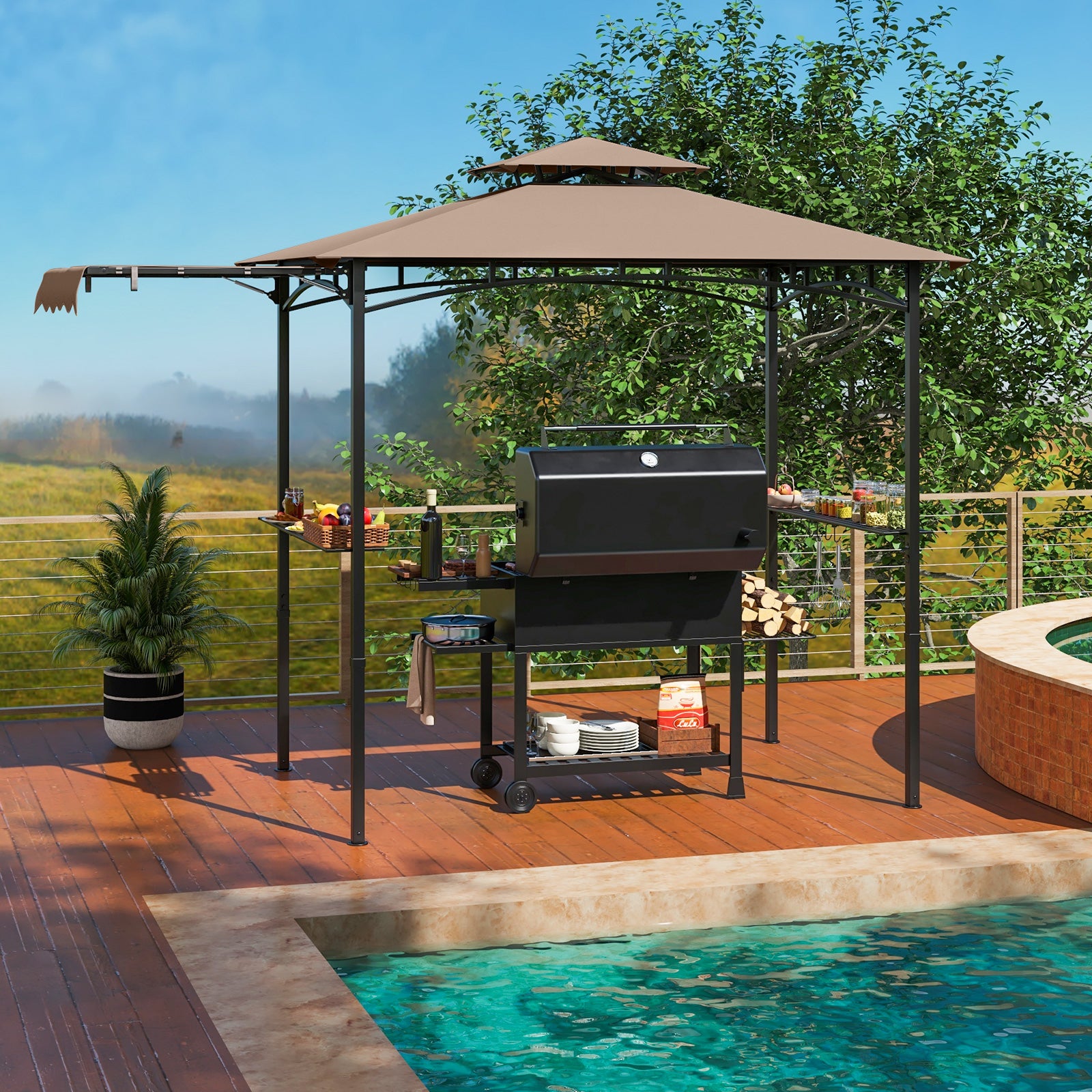 Tonnelle de barbecue 3,35 x 1,52 m avec auvent latéral et toit à double niveau - Marron