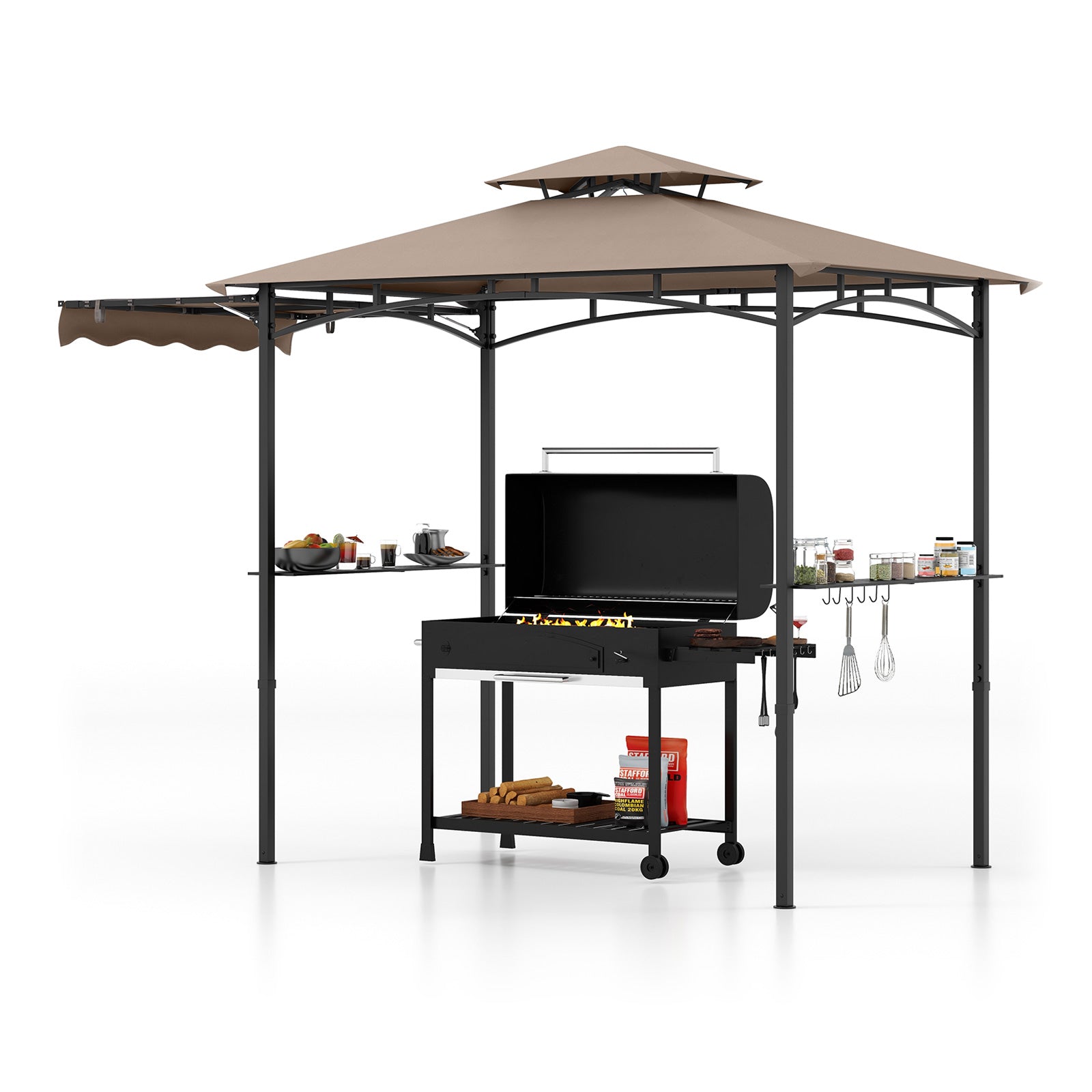 Tonnelle de barbecue 3,35 x 1,52 m avec auvent latéral et toit à double niveau - Marron