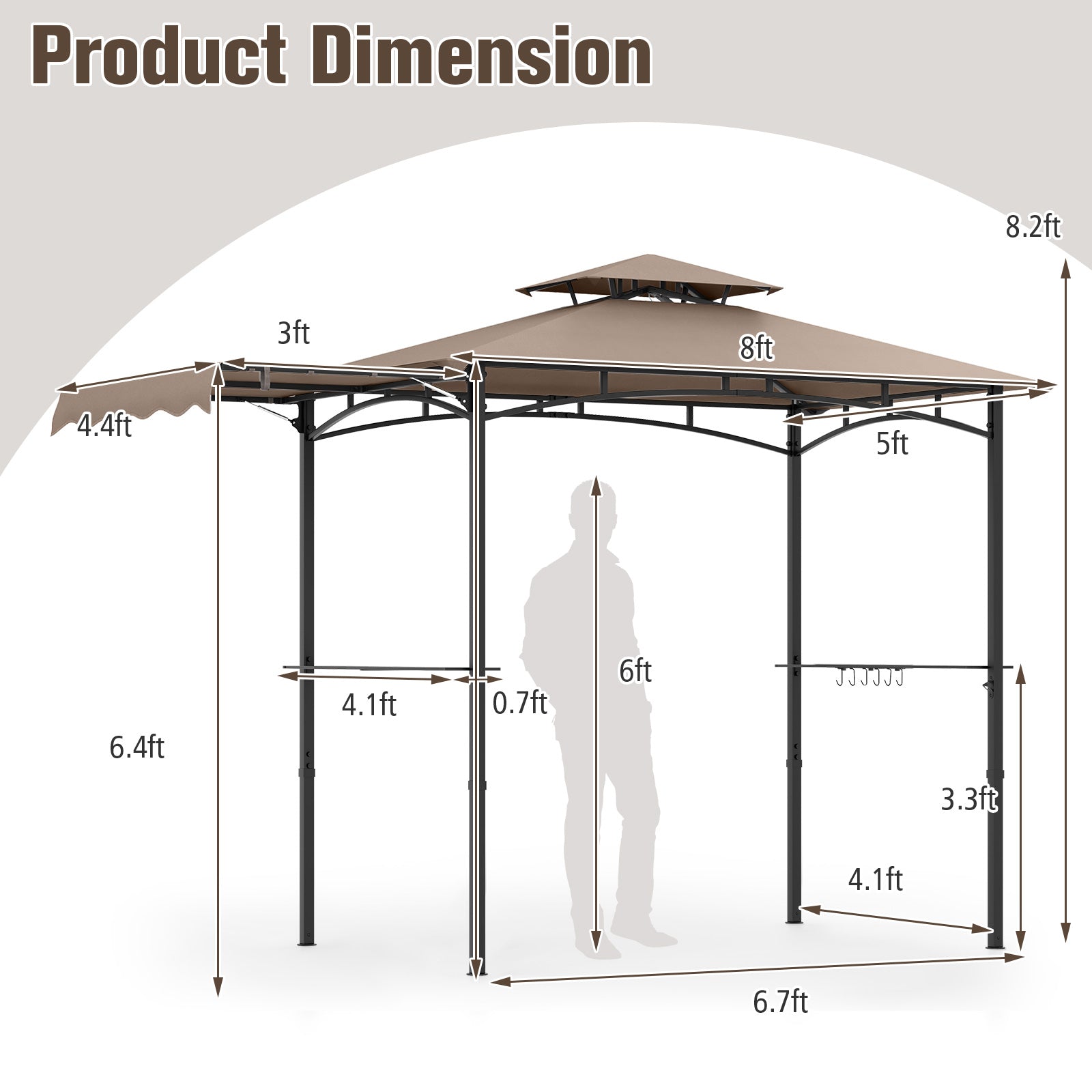 Tonnelle de barbecue 3,35 x 1,52 m avec auvent latéral et toit à double niveau - Marron