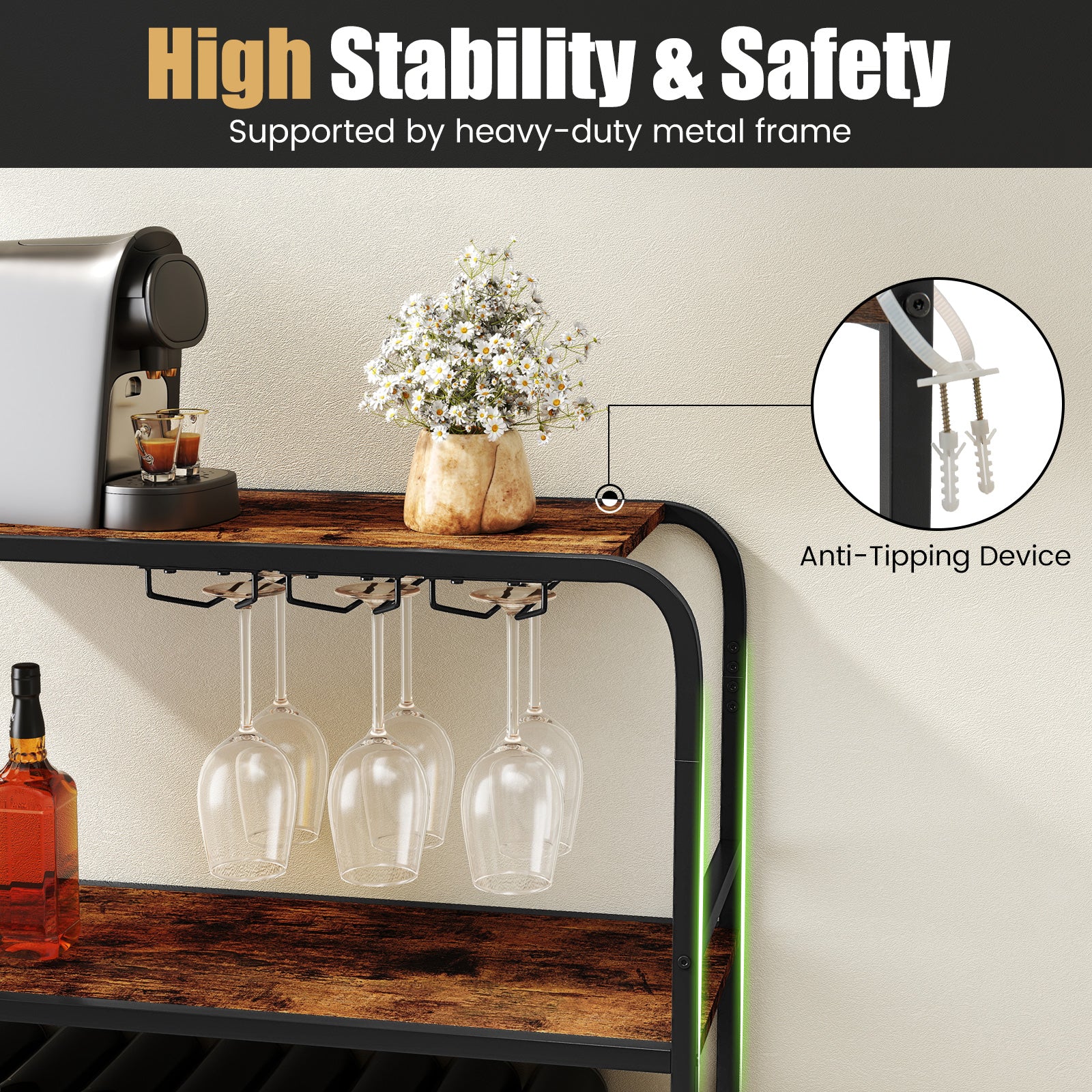 16 Bottle Wine Rack with 5-Tier Wine Shelf and Glass Holders for Kitchen Bar-Rustic Brown