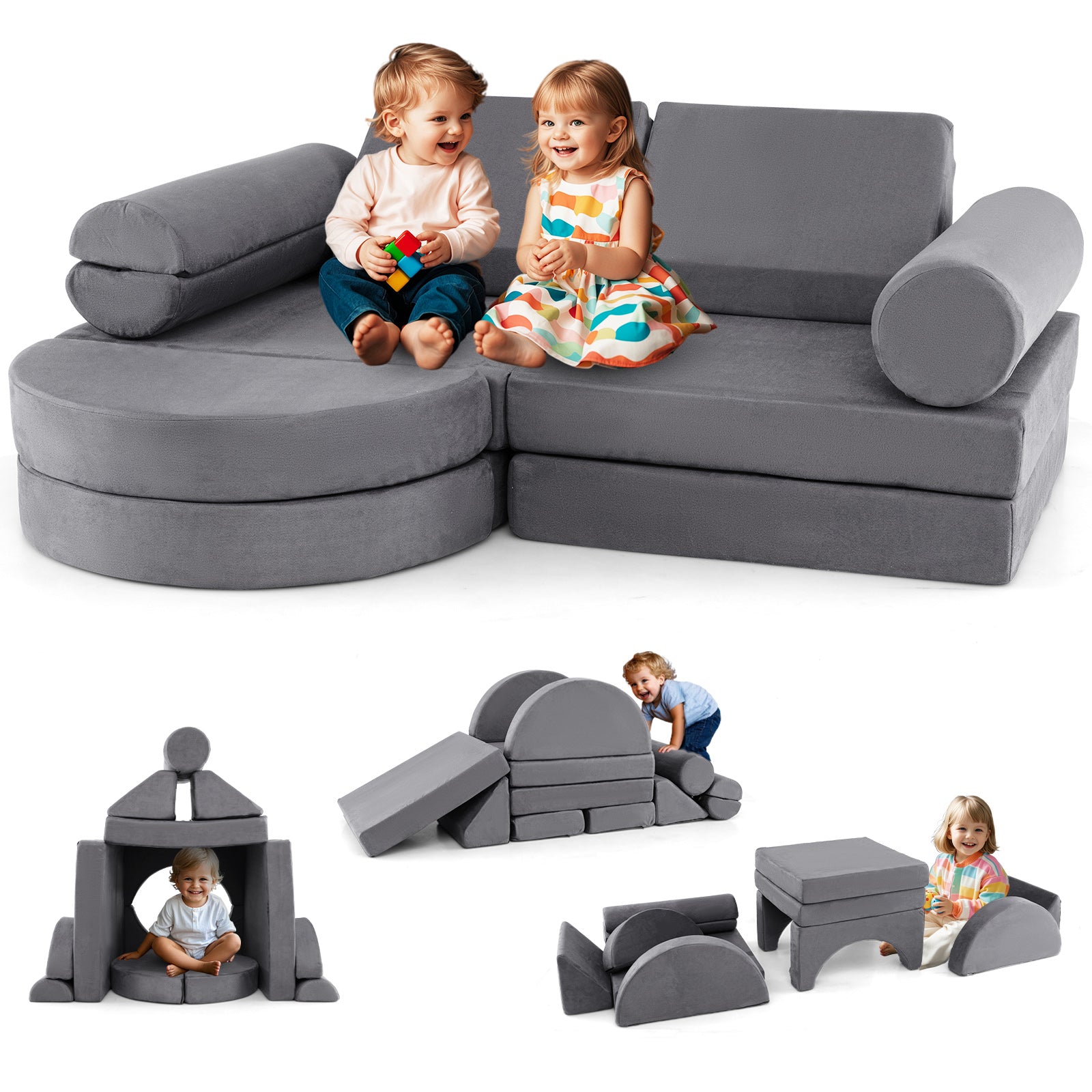 13 Pieces Convertible Modular Kids Play Couch for Nursery Playroom Bedroom-Gray
