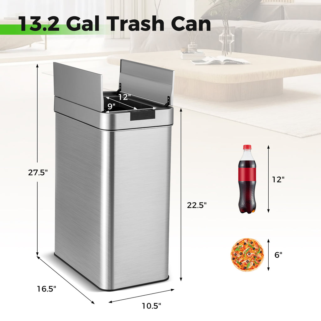 13.2 Gal Slim Kitchen Trash Can with Wing Lids and Stainless Steel Frame-Silver