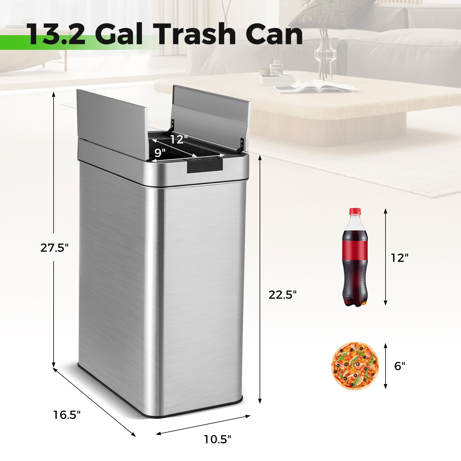 13.2 Gal Slim Kitchen Trash Can with Wing Lids and Stainless Steel Frame-Silver