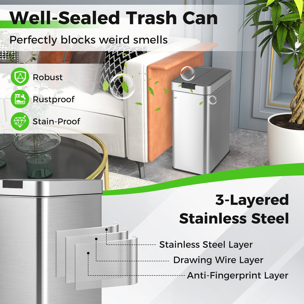 13.2 Gal Slim Kitchen Trash Can with Wing Lids and Stainless Steel Frame-Silver