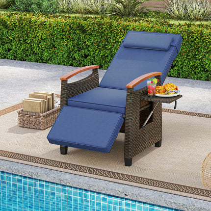 Patio Wicker Recliner Chair with Adjustable Backrest and Footrest-Navy