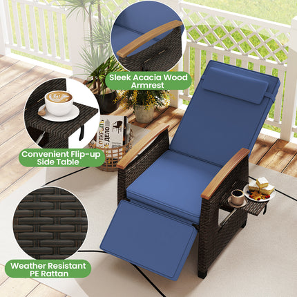 Patio Wicker Recliner Chair with Adjustable Backrest and Footrest-Navy