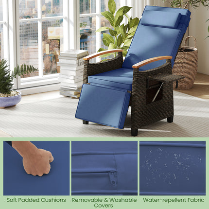 Patio Wicker Recliner Chair with Adjustable Backrest and Footrest-Navy