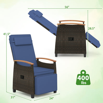 Patio Wicker Recliner Chair with Adjustable Backrest and Footrest-Navy