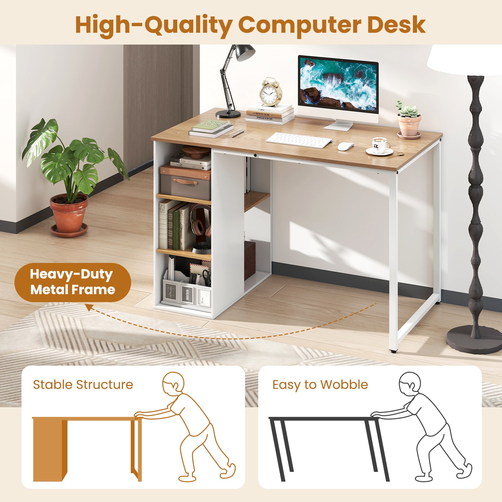 45 Inch Computer Desk with 5 Storage Compartments and Metal Frame