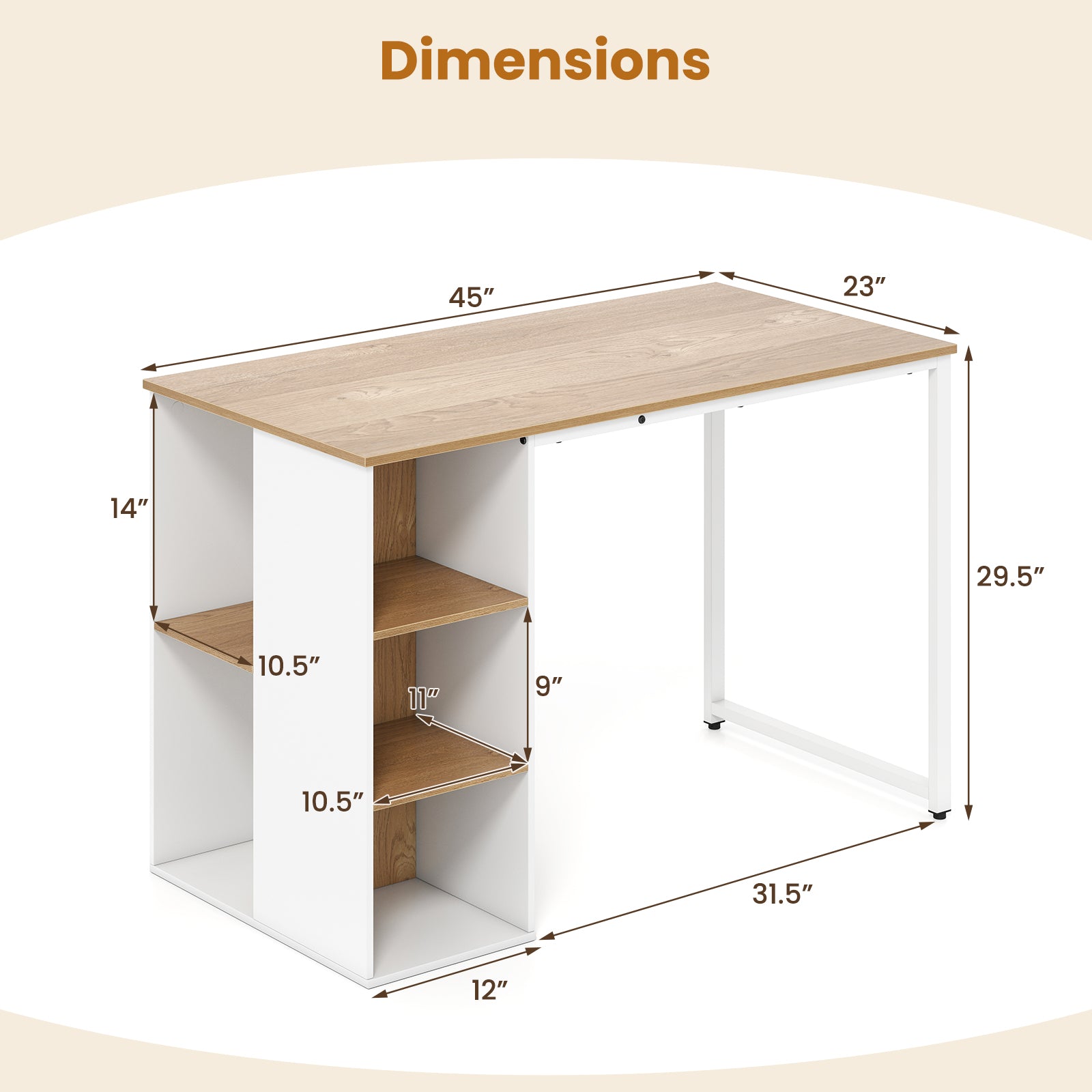 45 Inch Computer Desk with 5 Storage Compartments and Metal Frame