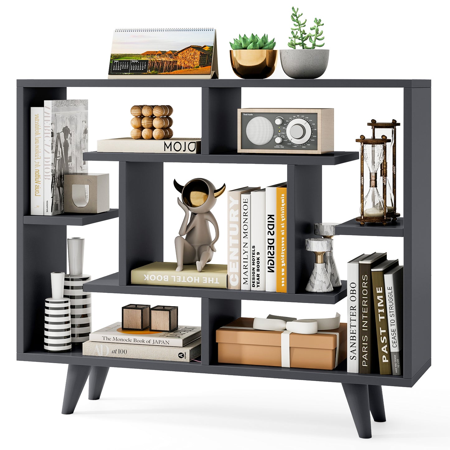 Geometric Bookcase with Anti-Tipping Kit and Storage Shelving Unit-Black