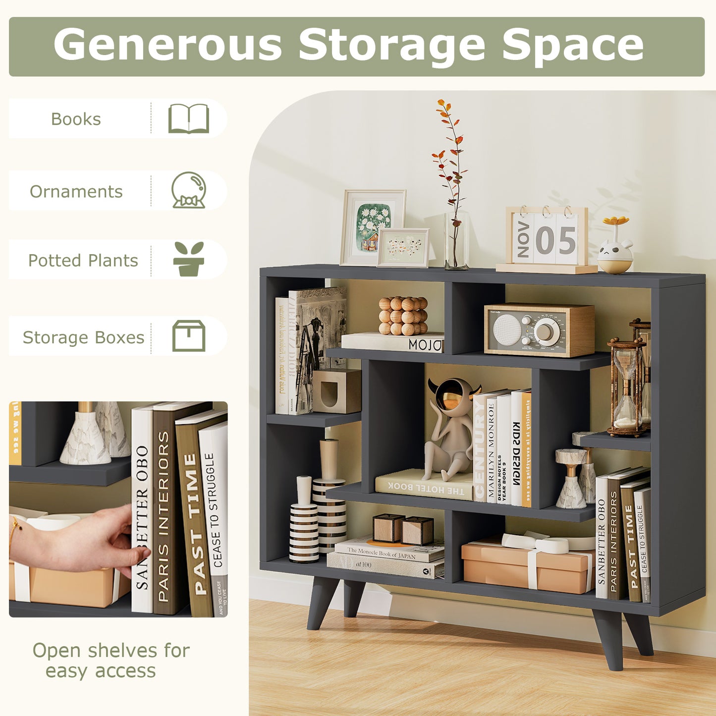 Geometric Bookcase with Anti-Tipping Kit and Storage Shelving Unit-Black