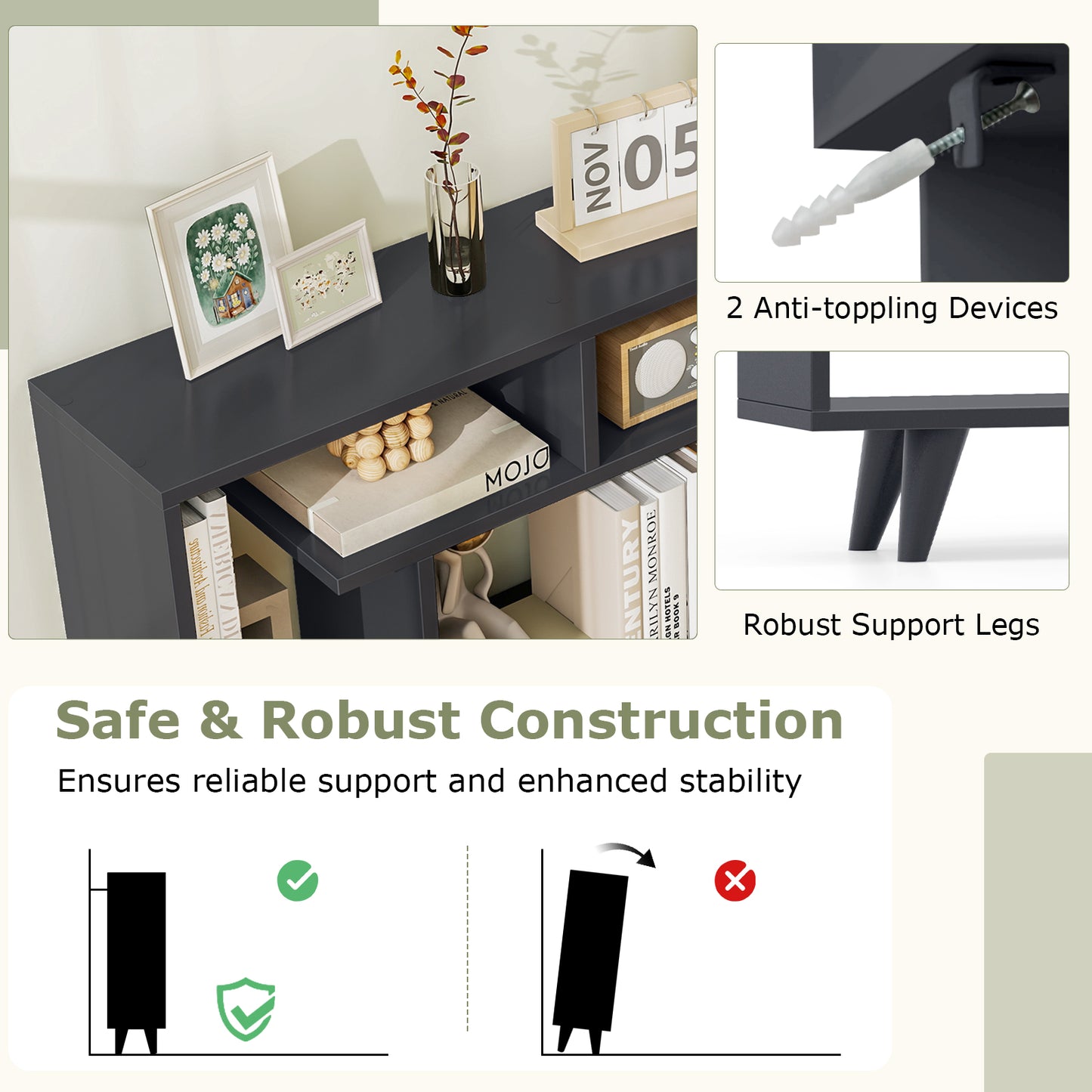 Geometric Bookcase with Anti-Tipping Kit and Storage Shelving Unit-Black