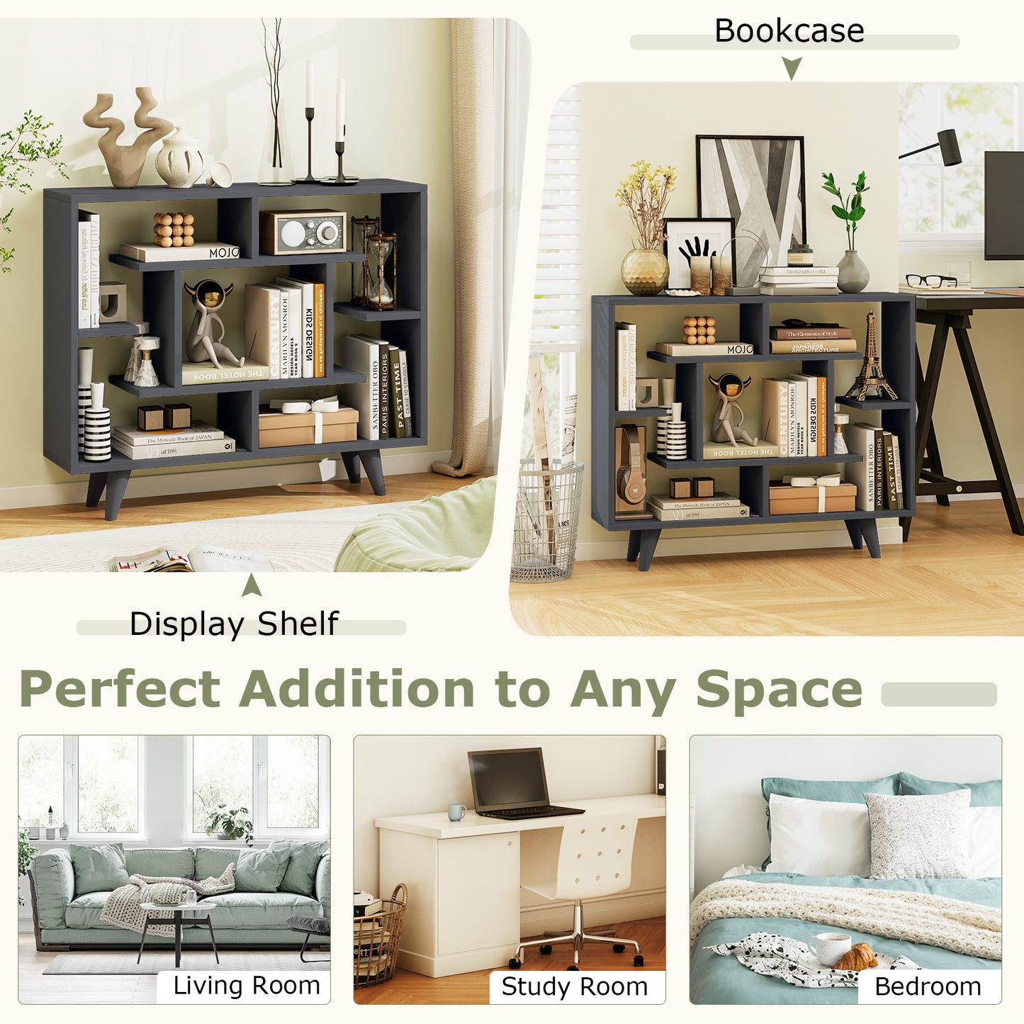 Geometric Bookcase with Anti-Tipping Kit and Storage Shelving Unit-Black