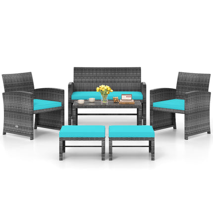 6 Pieces Patio Furniture Set Outdoor Sectional Conversation PE Rattan Sofa Set-Turquoise