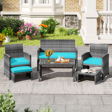 6 Pieces Patio Furniture Set Outdoor Sectional Conversation PE Rattan Sofa Set-Turquoise