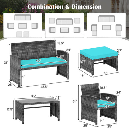 6 Pieces Patio Furniture Set Outdoor Sectional Conversation PE Rattan Sofa Set-Turquoise