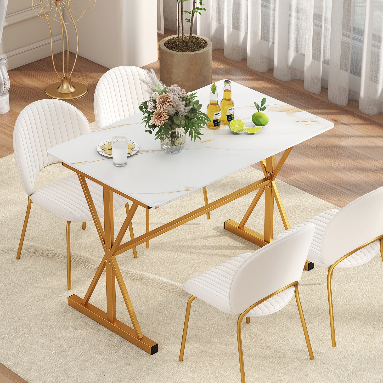 44 Inches Sintered Stone Dining Table with Metal Frame and Faux Marble Tabletop-White