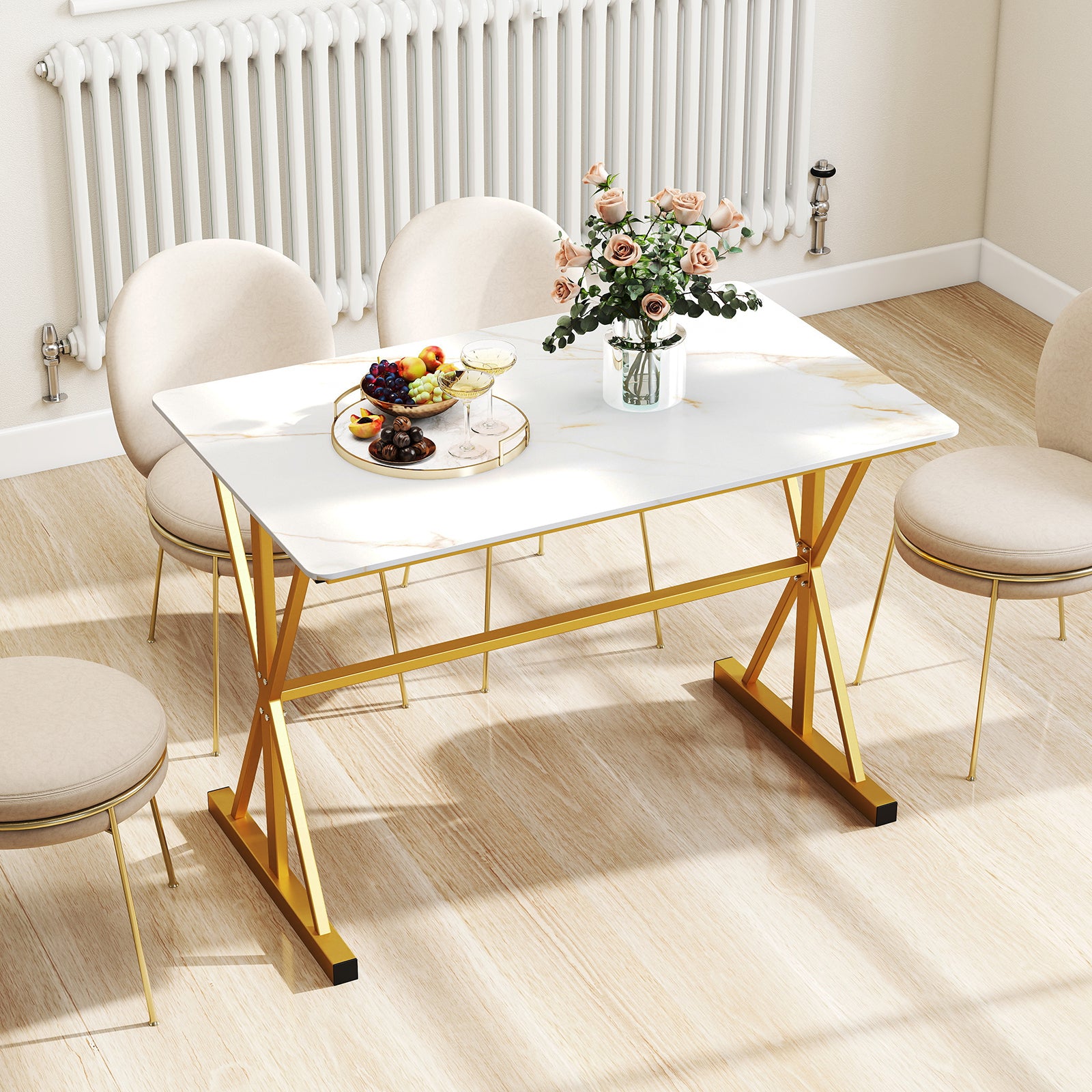 44 Inches Sintered Stone Dining Table with Metal Frame and Faux Marble Tabletop-White
