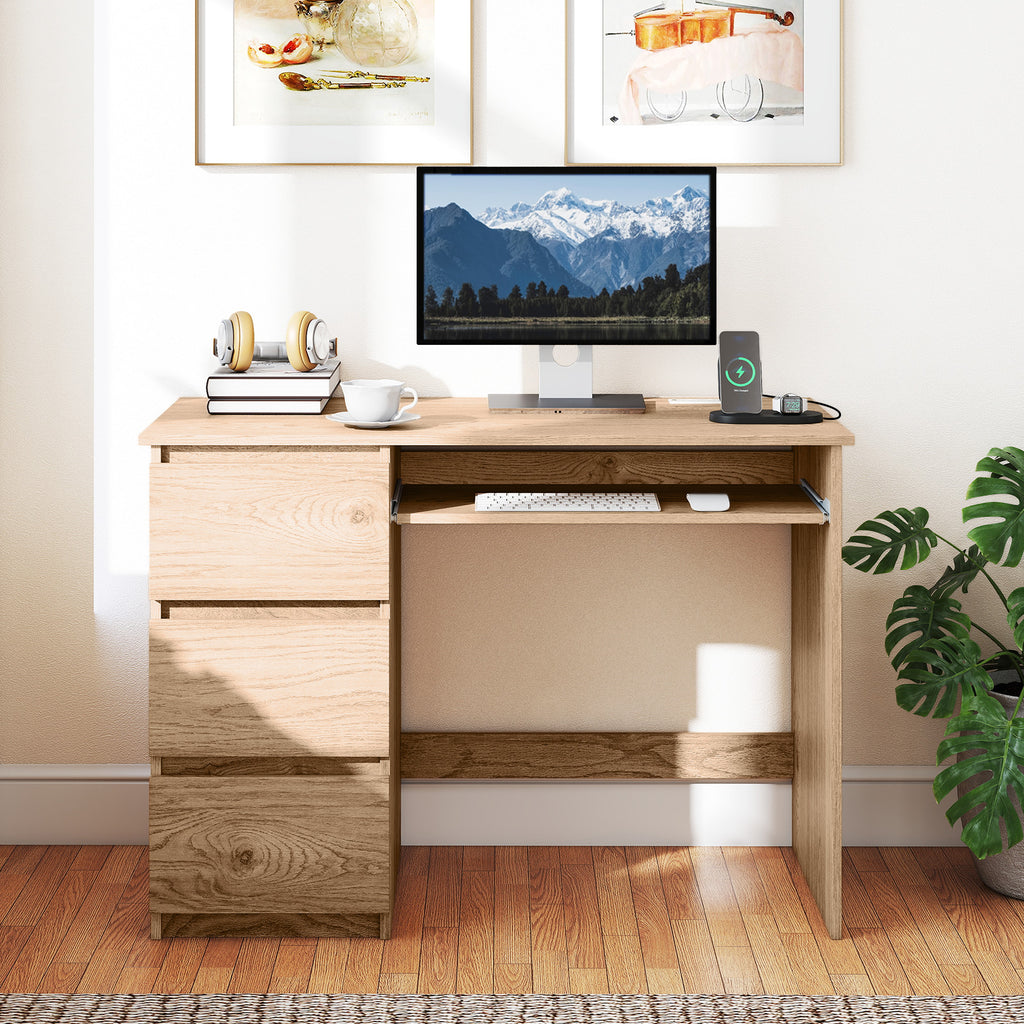 Computer Desk with Power Outlet Keyboard Tray and 3 Large Drawers-Natural
