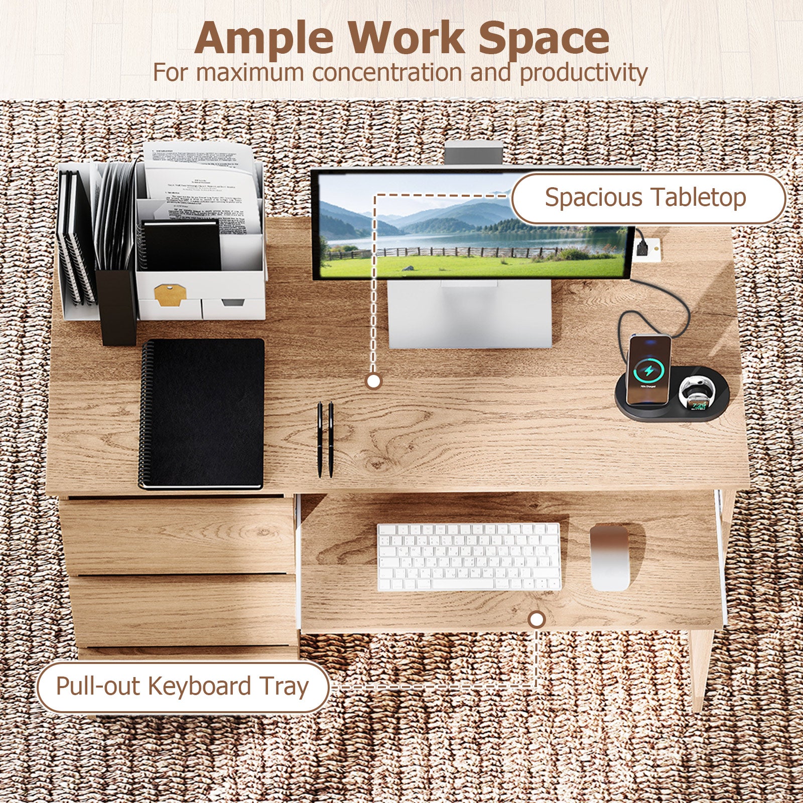 Computer Desk with Power Outlet Keyboard Tray and 3 Large Drawers-Natural