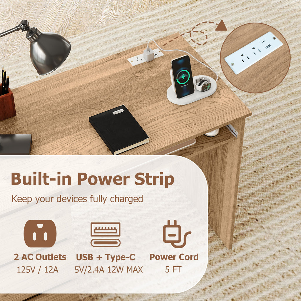 Computer Desk with Power Outlet Keyboard Tray and 3 Large Drawers-Natural