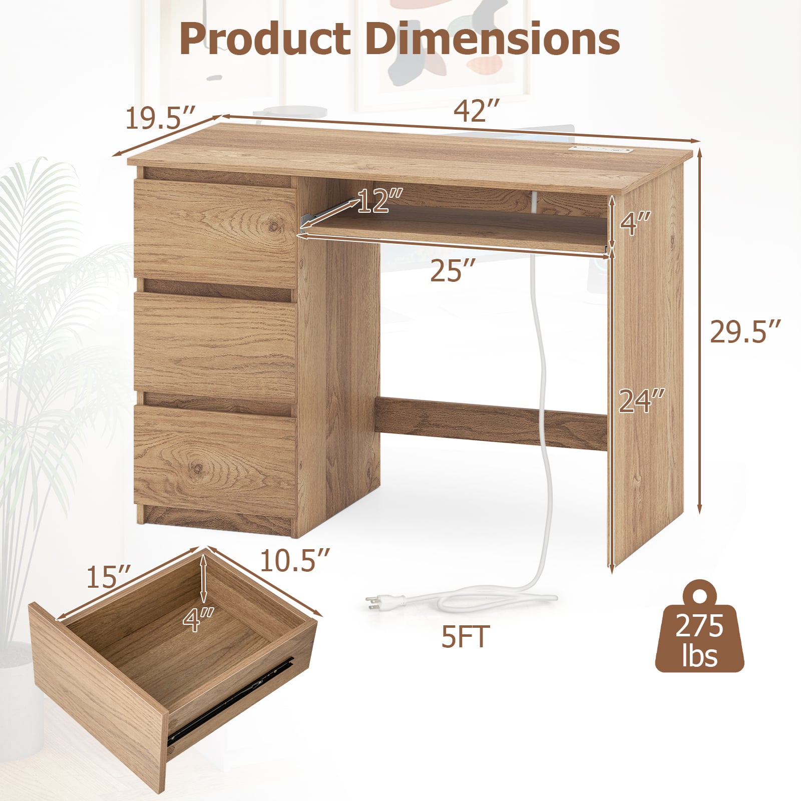 Computer Desk with Power Outlet Keyboard Tray and 3 Large Drawers-Natural