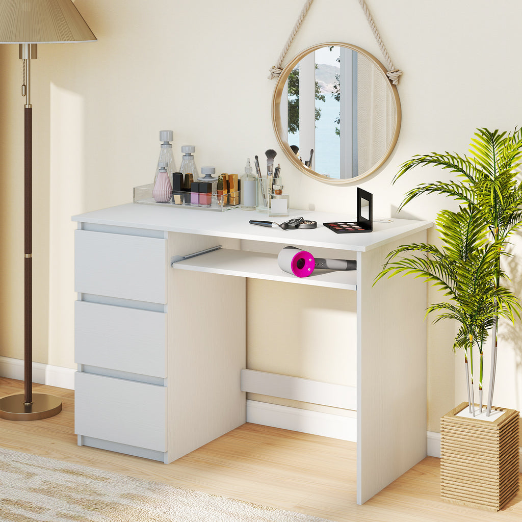 Computer Desk with Power Outlet Keyboard Tray and 3 Large Drawers-White