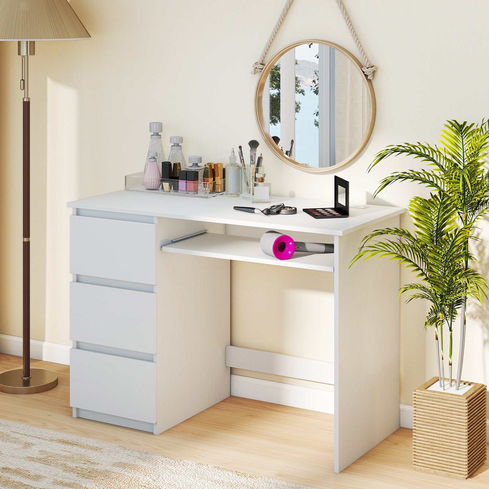 Computer Desk with Power Outlet Keyboard Tray and 3 Large Drawers-White