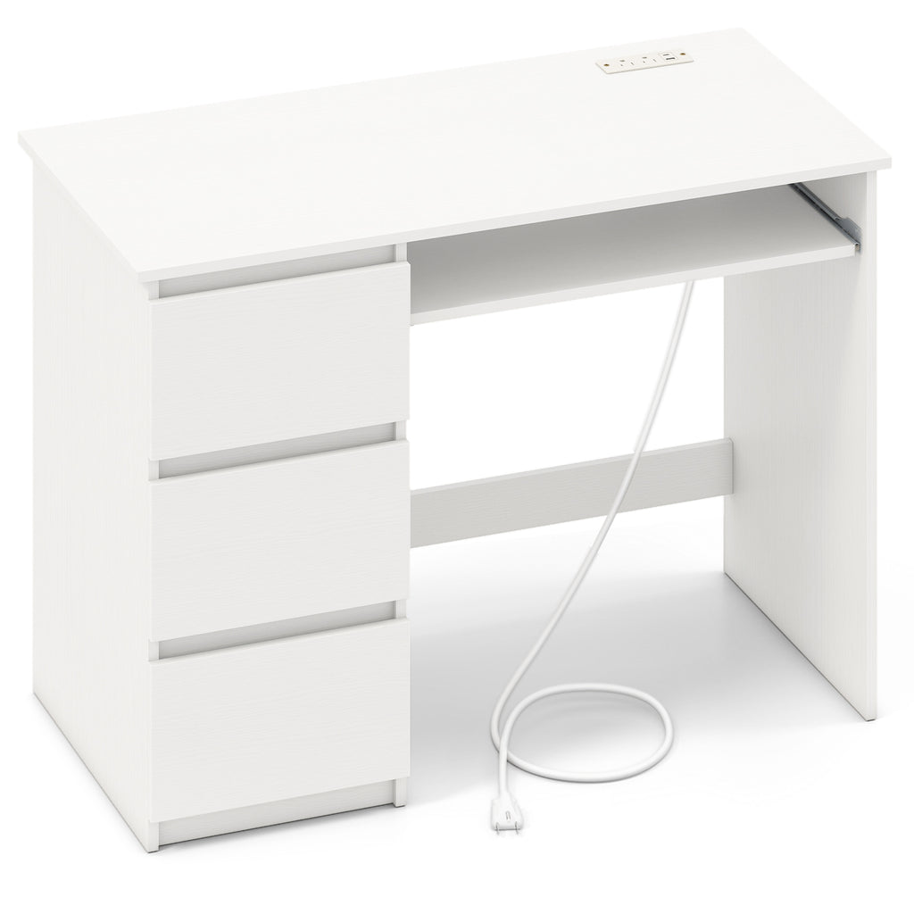 Computer Desk with Power Outlet Keyboard Tray and 3 Large Drawers-White