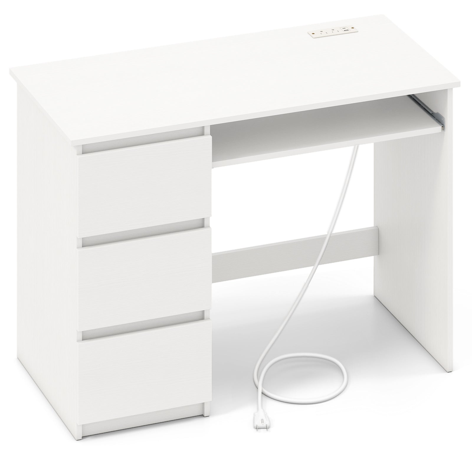 Computer Desk with Power Outlet Keyboard Tray and 3 Large Drawers-White
