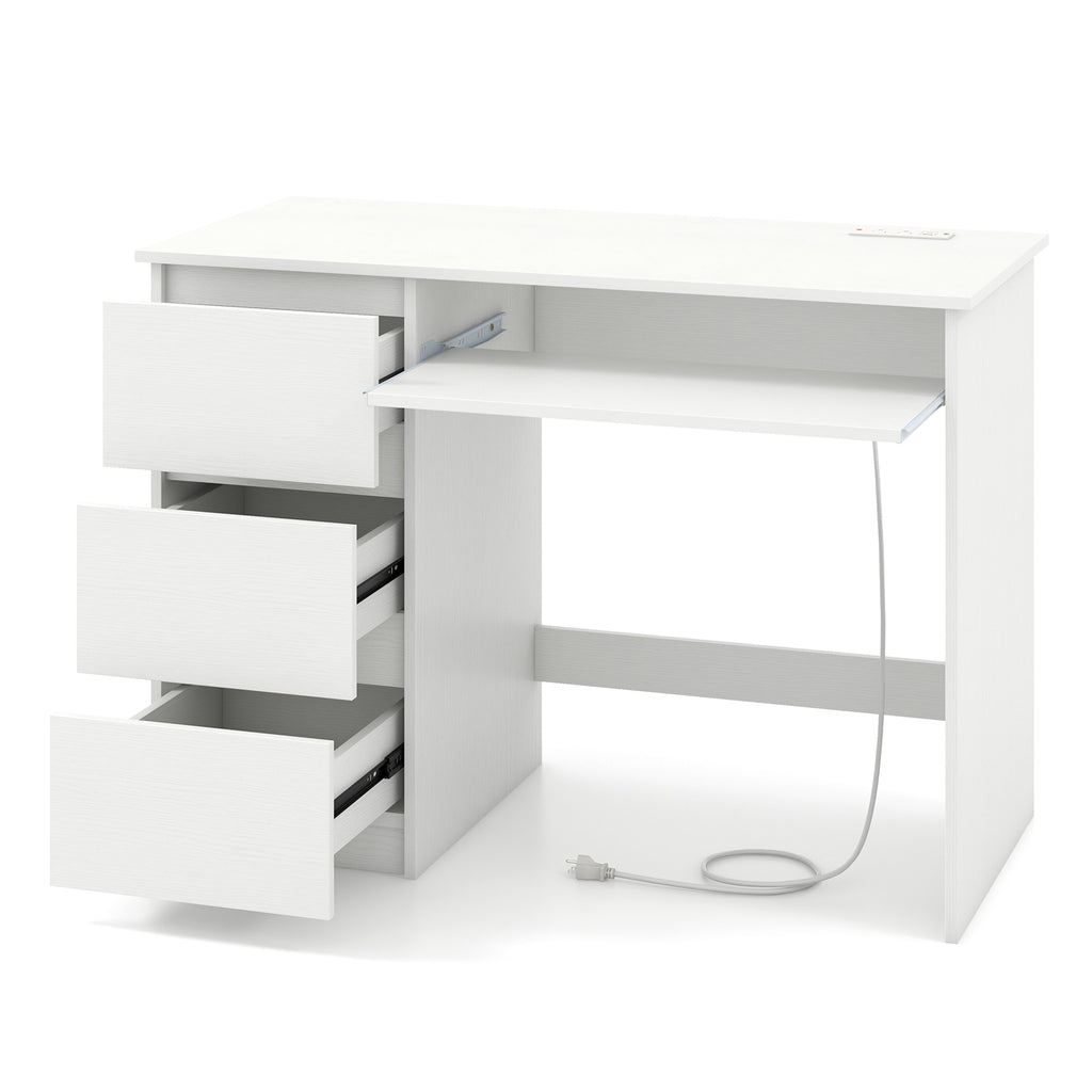 Computer Desk with Power Outlet Keyboard Tray and 3 Large Drawers-White