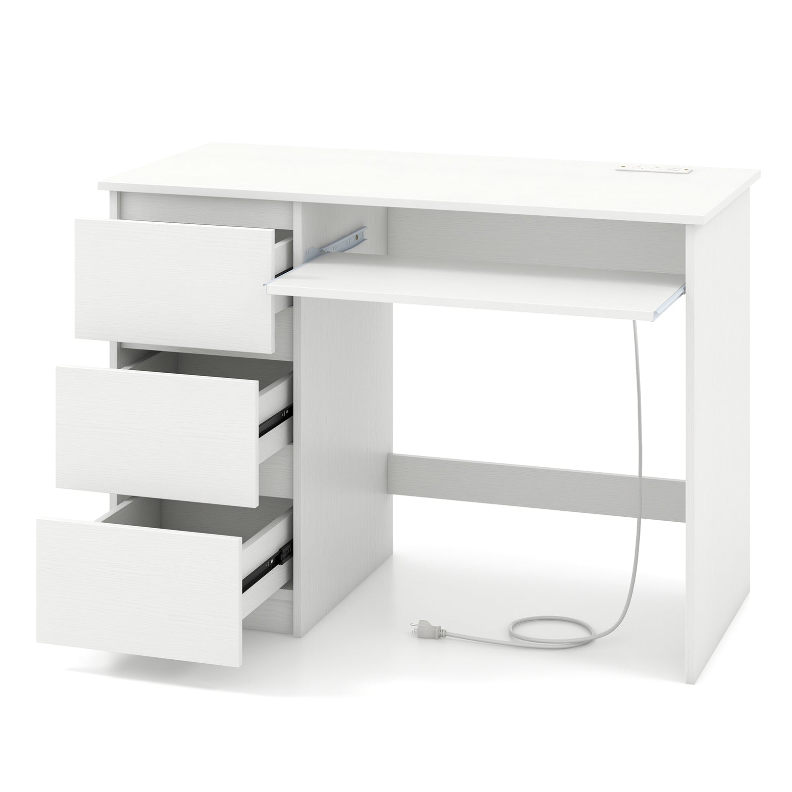 Computer Desk with Power Outlet Keyboard Tray and 3 Large Drawers-White