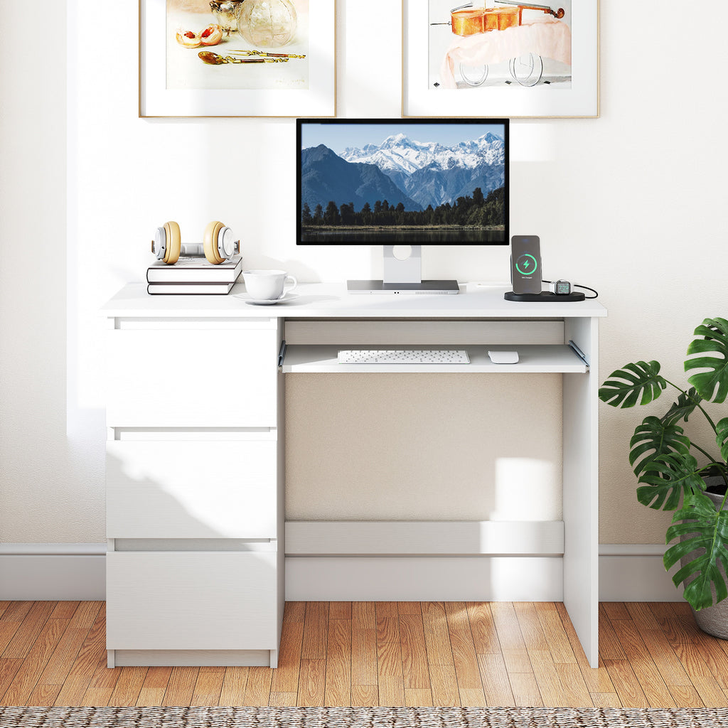 Computer Desk with Power Outlet Keyboard Tray and 3 Large Drawers-White
