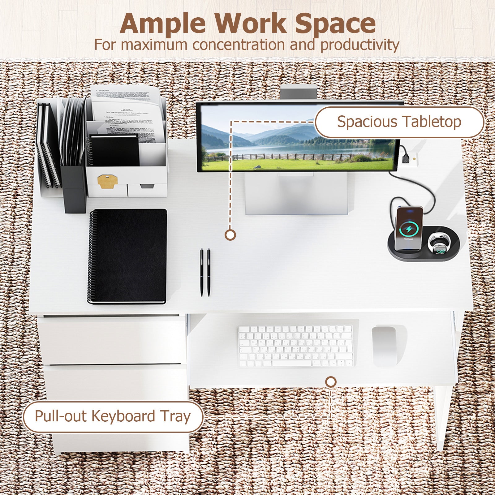 Computer Desk with Power Outlet Keyboard Tray and 3 Large Drawers-White