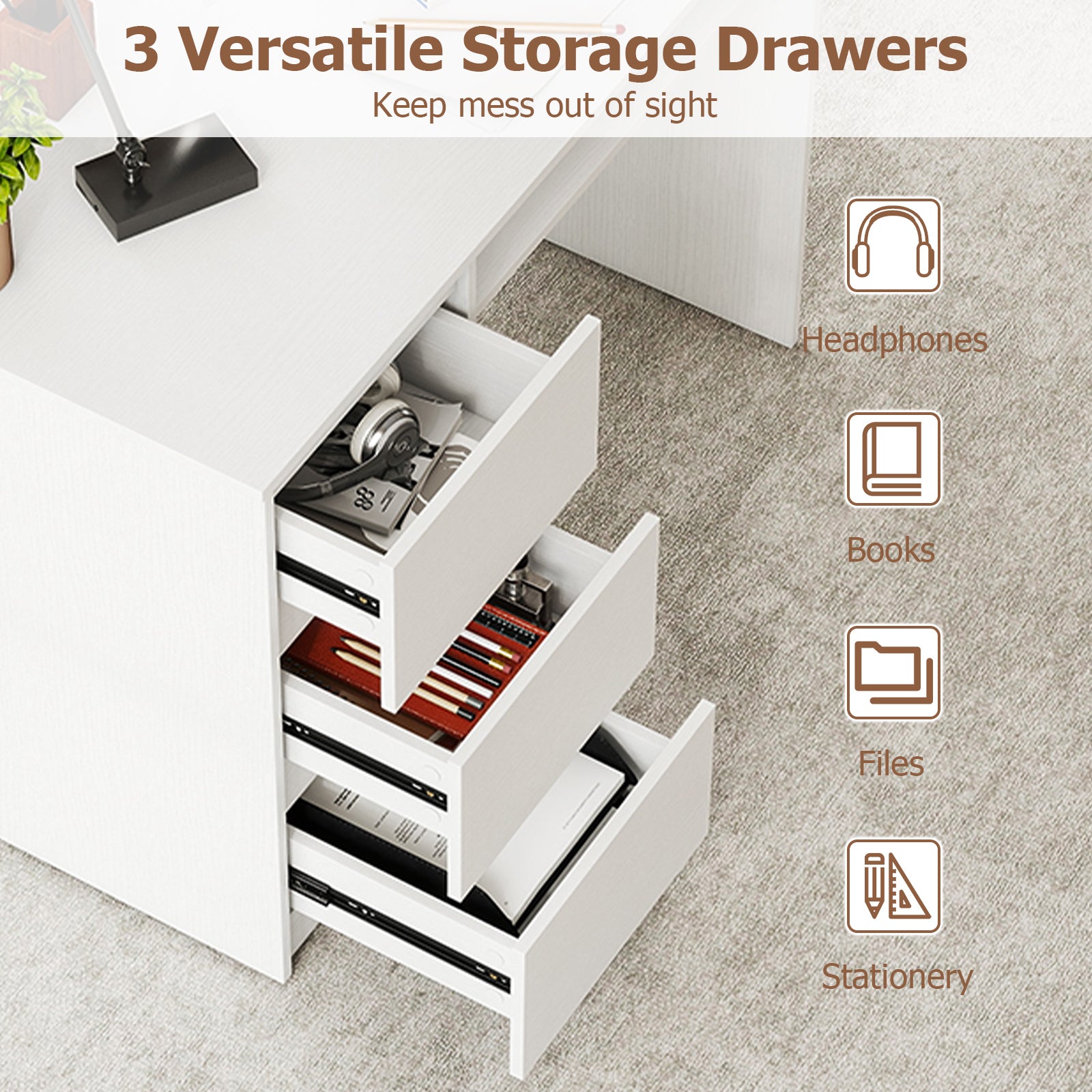 Computer Desk with Power Outlet Keyboard Tray and 3 Large Drawers-White