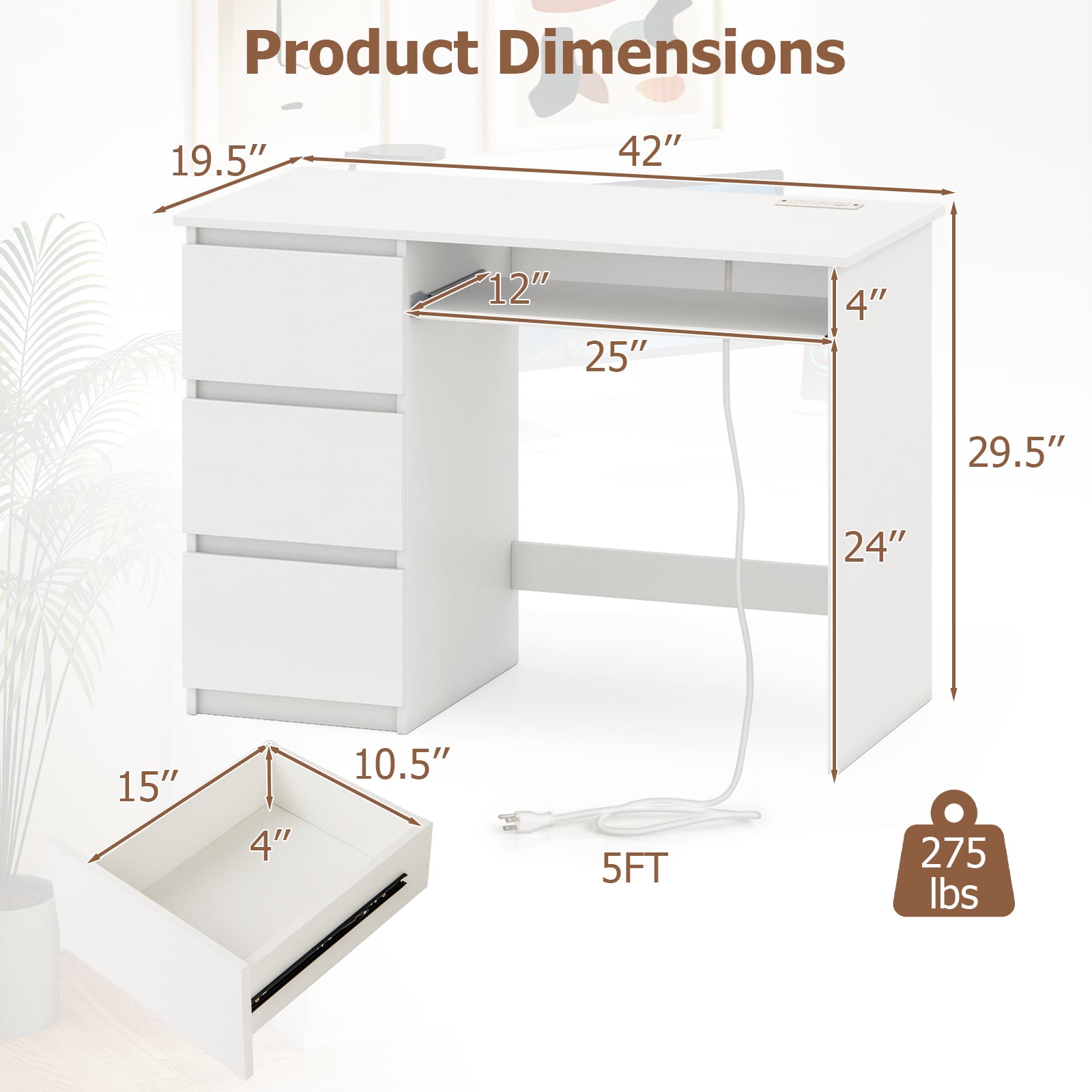 Computer Desk with Power Outlet Keyboard Tray and 3 Large Drawers-White