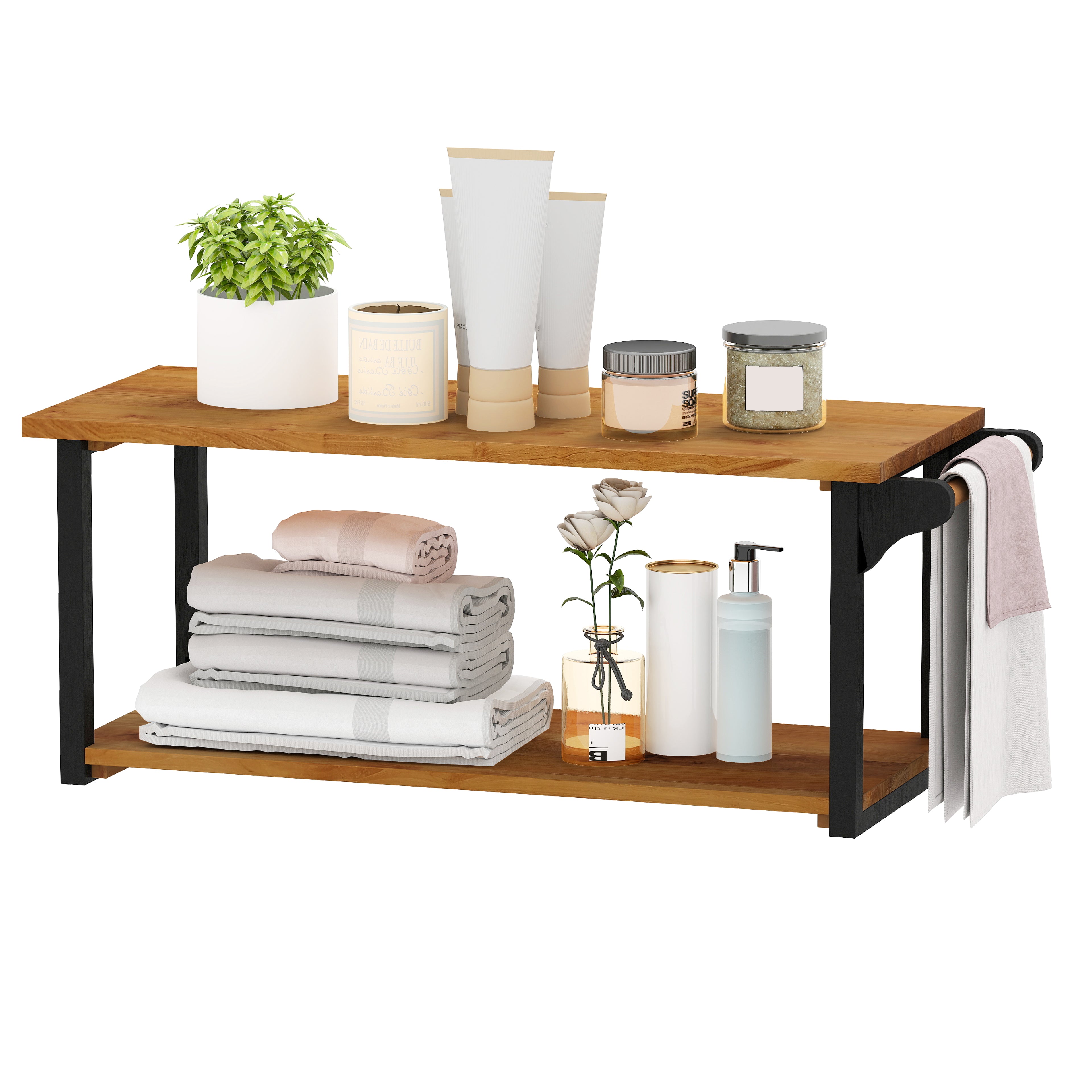 Teak Wood Wall Mounted Floating Shelves with Towel Bar