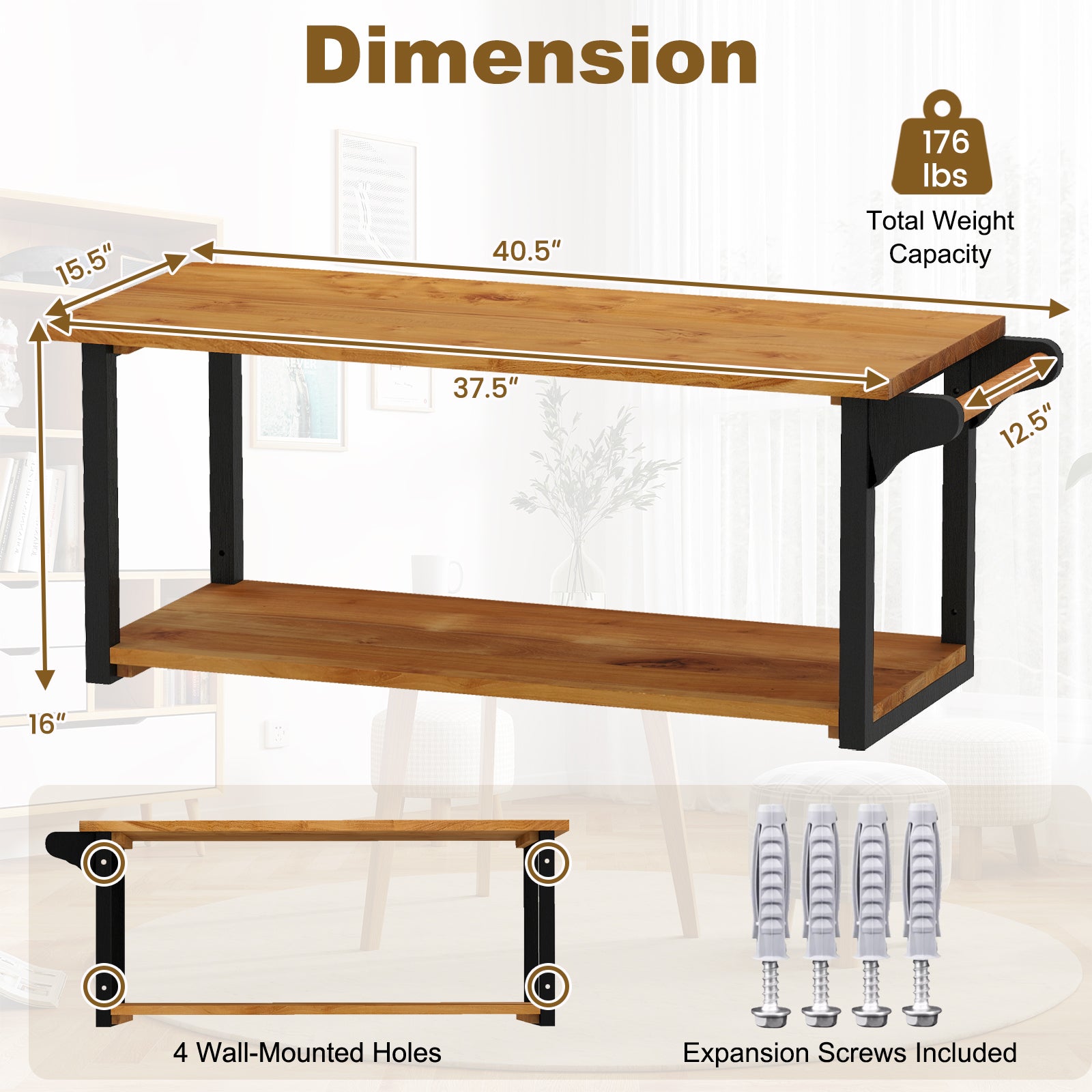 Teak Wood Wall Mounted Floating Shelves with Towel Bar
