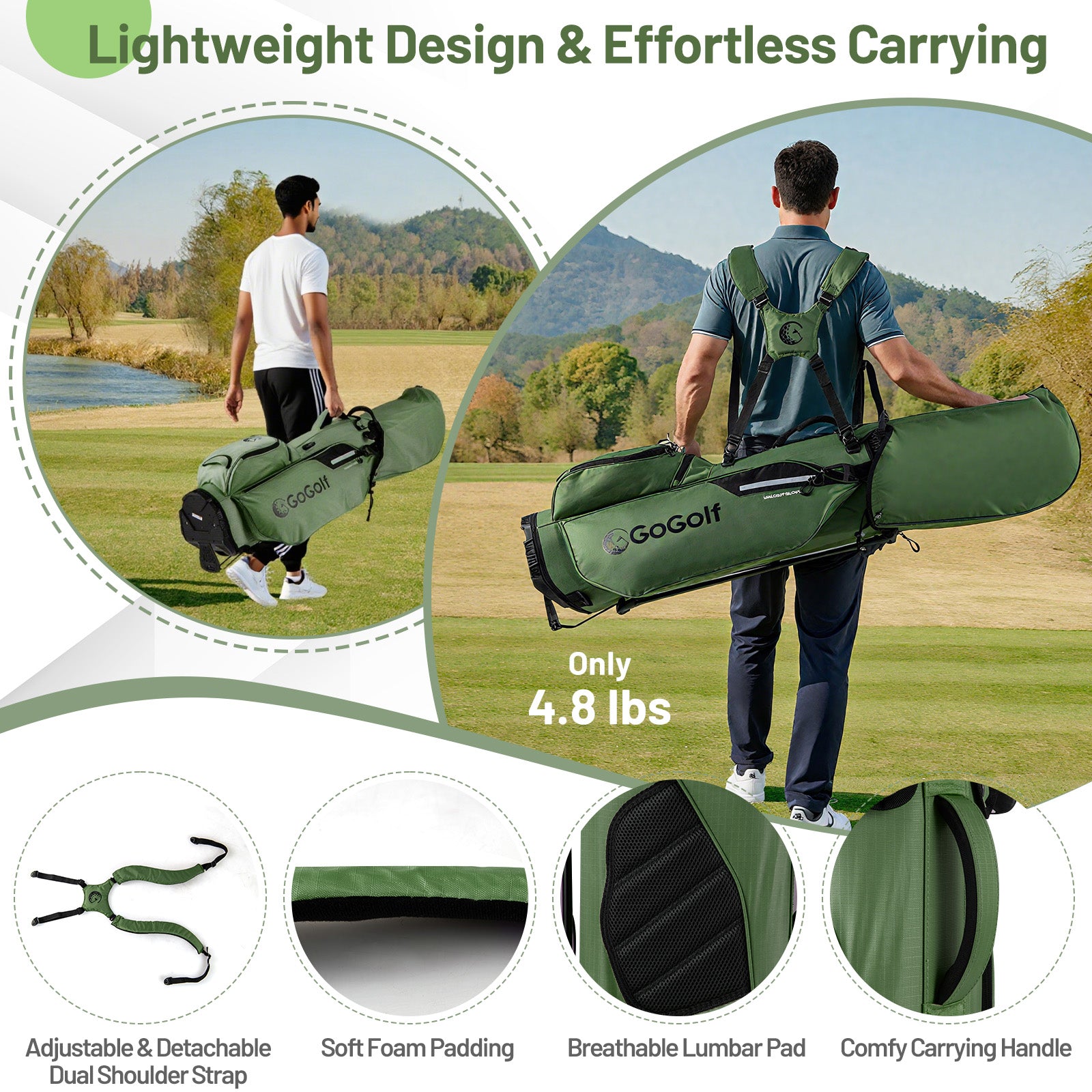 Golf Stand Bag Lightweight Golf Bag with 8 Way Top Dividers and 5 Zippered Pockets-Green