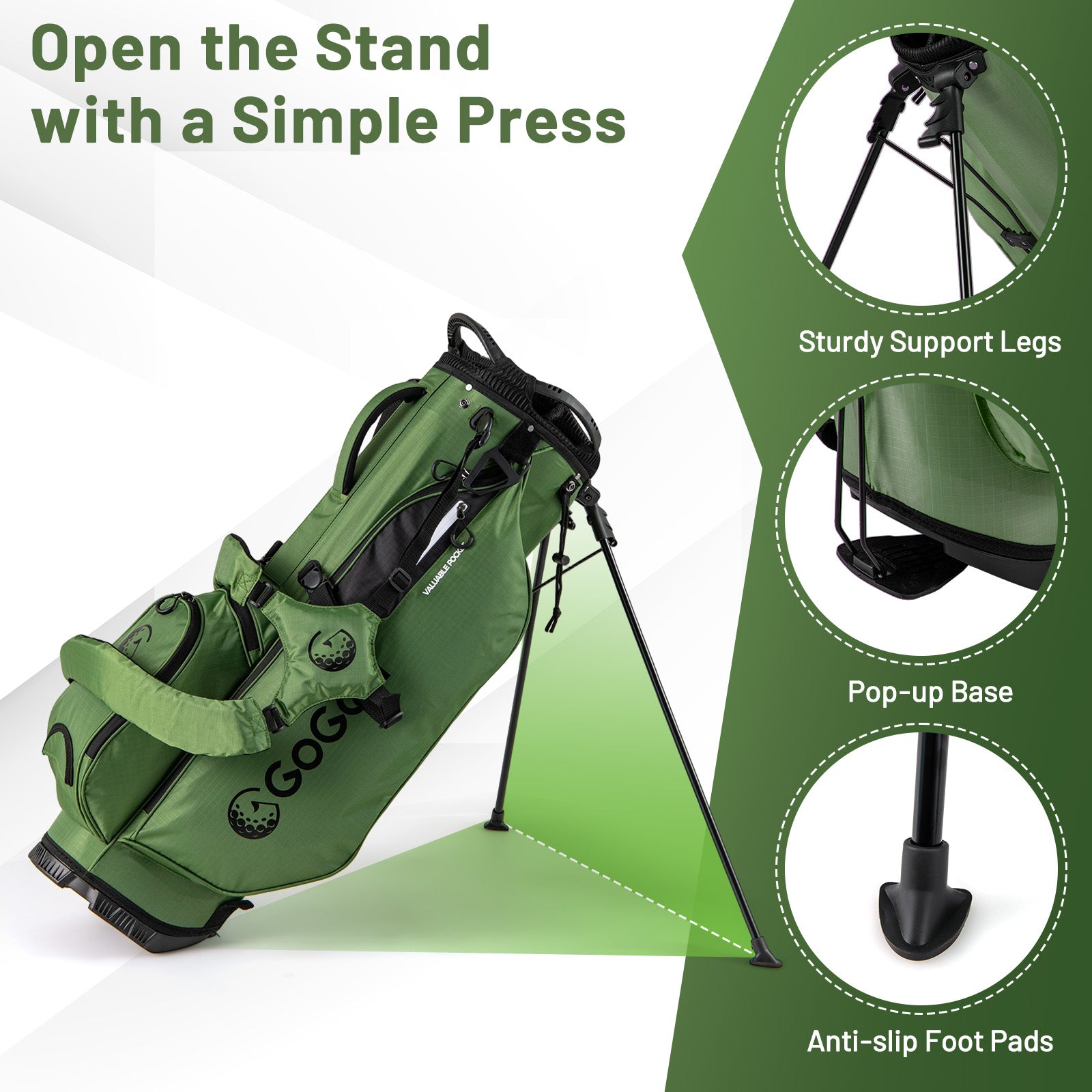 Golf Stand Bag Lightweight Golf Bag with 8 Way Top Dividers and 5 Zippered Pockets-Green