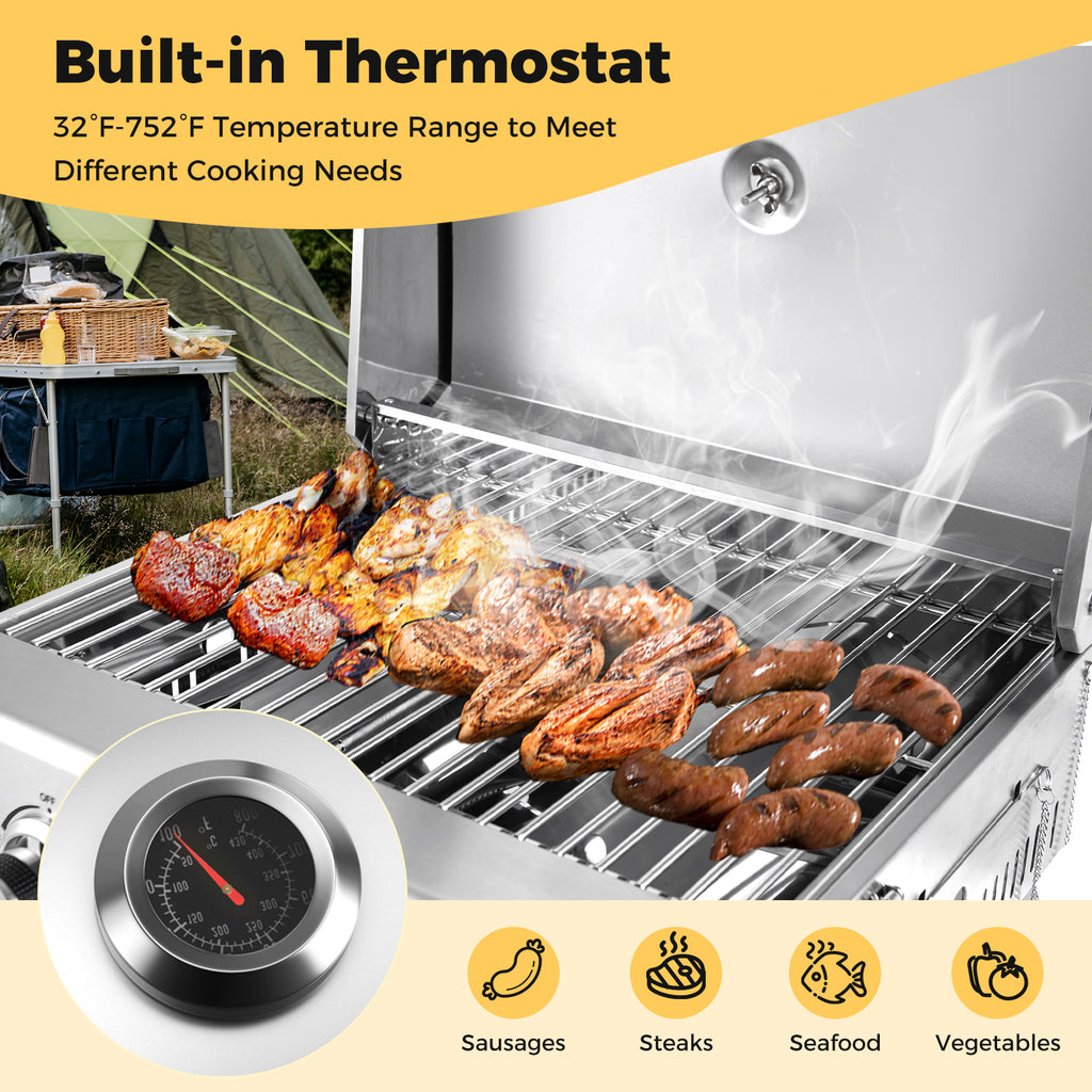Stainless Steel Propane Grill with Lid for Outdoor Camping Tailgating Picnic Party-Silver