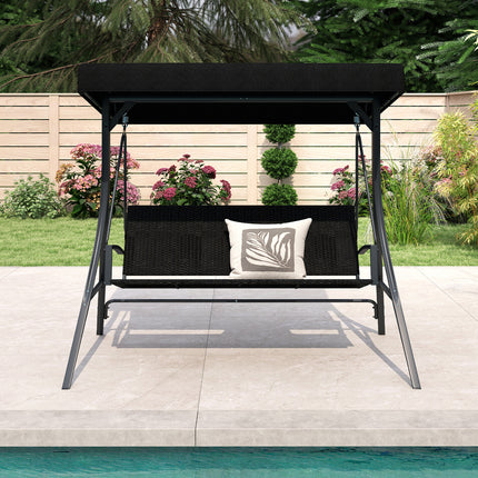 3-Person Porch Swing with Stand Outdoor Canopy Swing with Rattan Seat Back-Black
