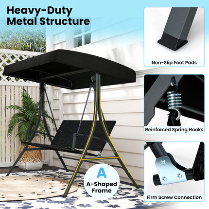 3-Person Porch Swing with Stand Outdoor Canopy Swing with Rattan Seat Back-Black