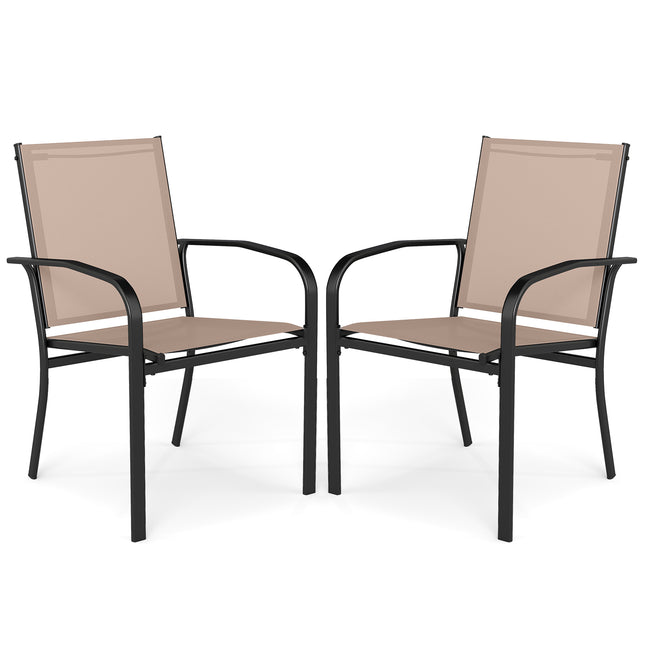 Outdoor Dining Chairs Set of 2 with High Back and Metal Frame-Light Brown