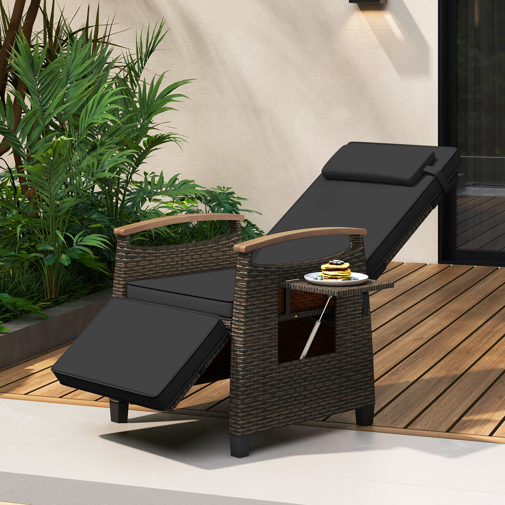 Patio Wicker Recliner Chair with Adjustable Backrest and Footrest-Black