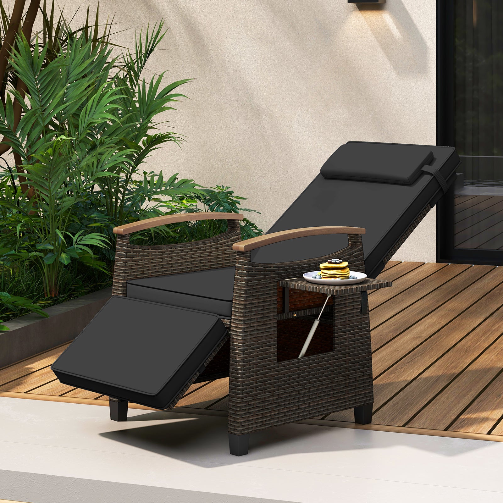 Patio Wicker Recliner Chair with Adjustable Backrest and Footrest-Black