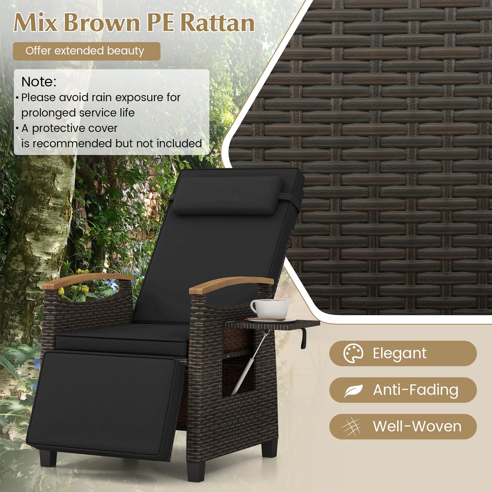 Patio Wicker Recliner Chair with Adjustable Backrest and Footrest-Black