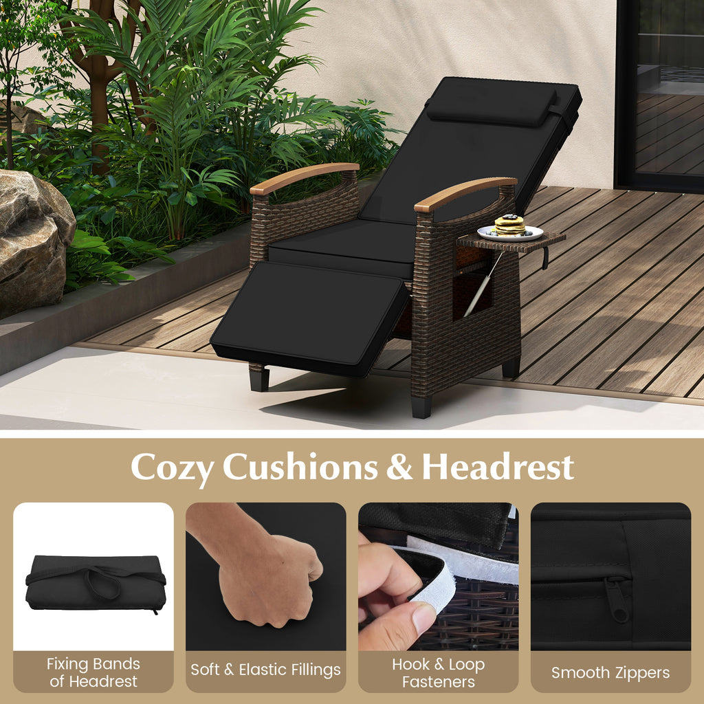 Patio Wicker Recliner Chair with Adjustable Backrest and Footrest-Black